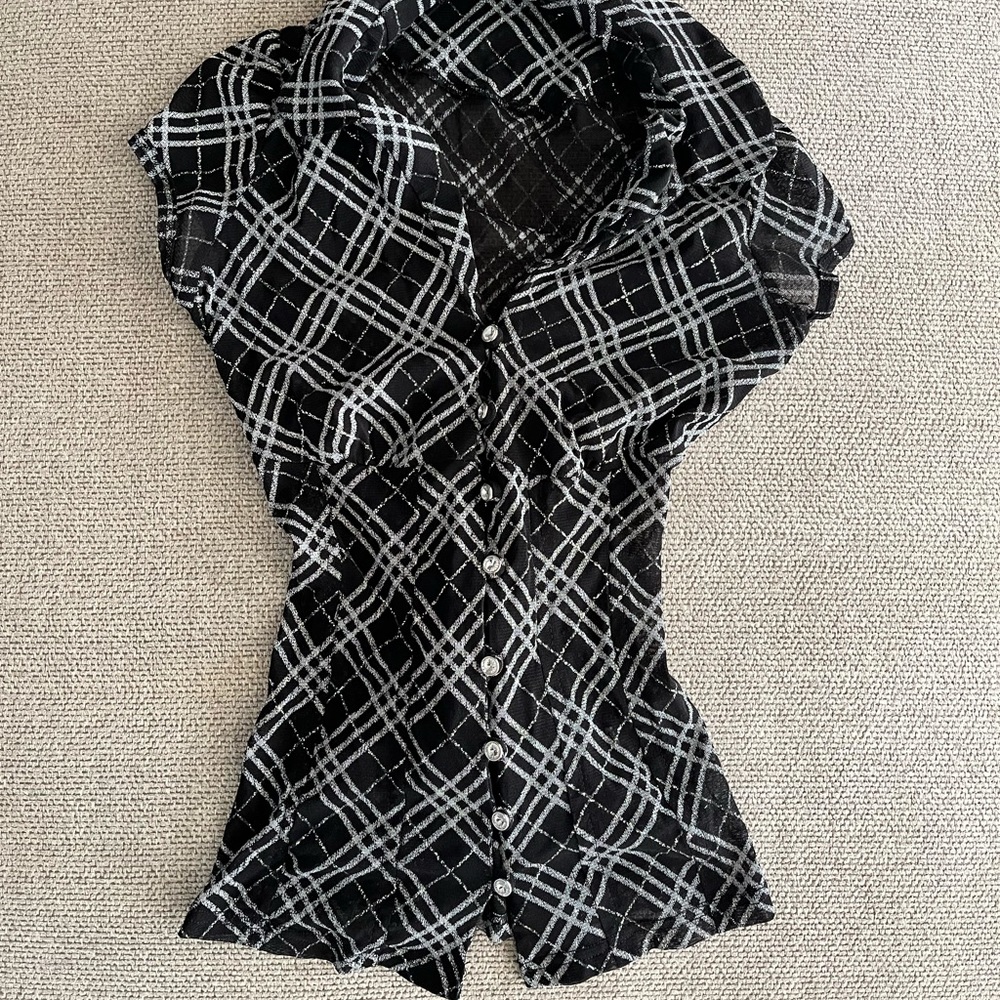 Vintage Jane Norman cap sleeve corset style mesh sheet top with lace up details